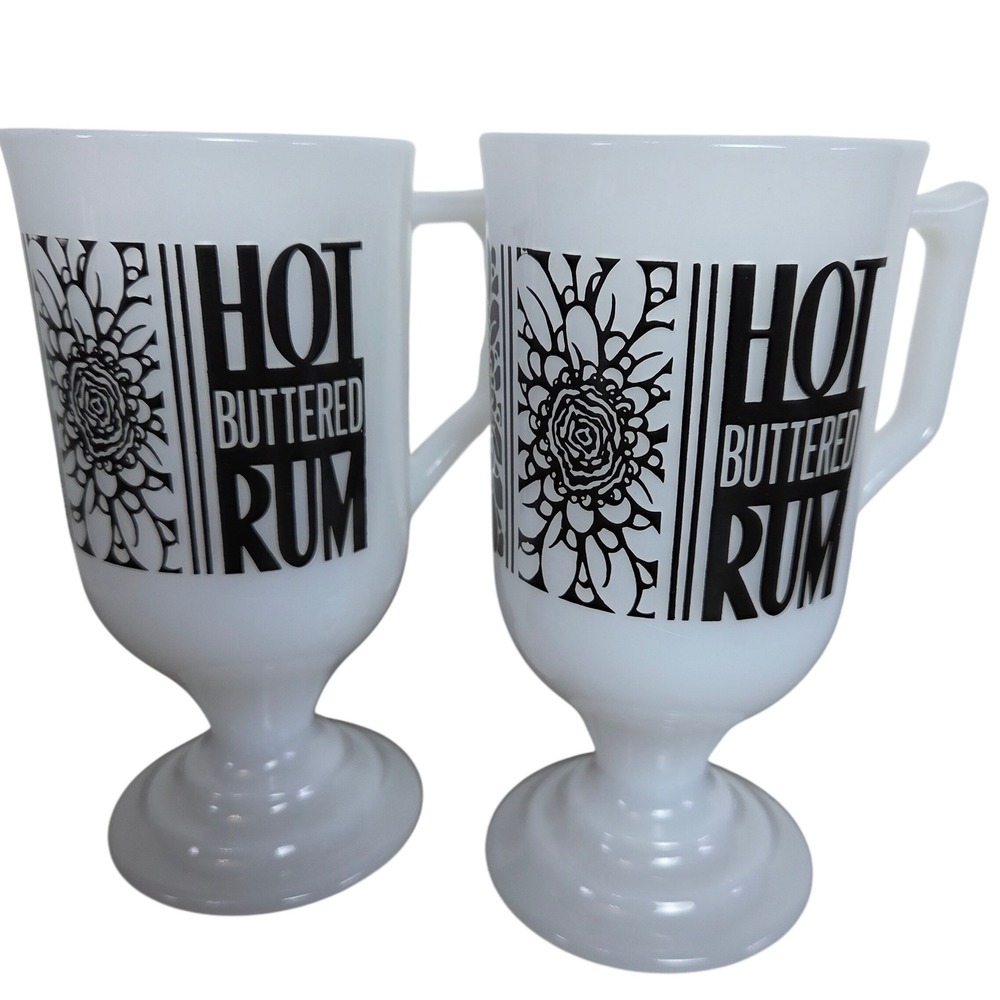 Vintage Milk Glass Pedestal Mug Set Hot Buttered Rum Barware Set of 2